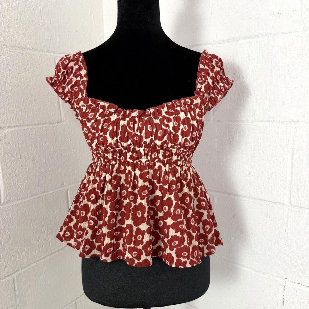 Thirty Thirty Smocked Babydoll Top Red Floral Ruffle Peasant Coquette Milkmaid S